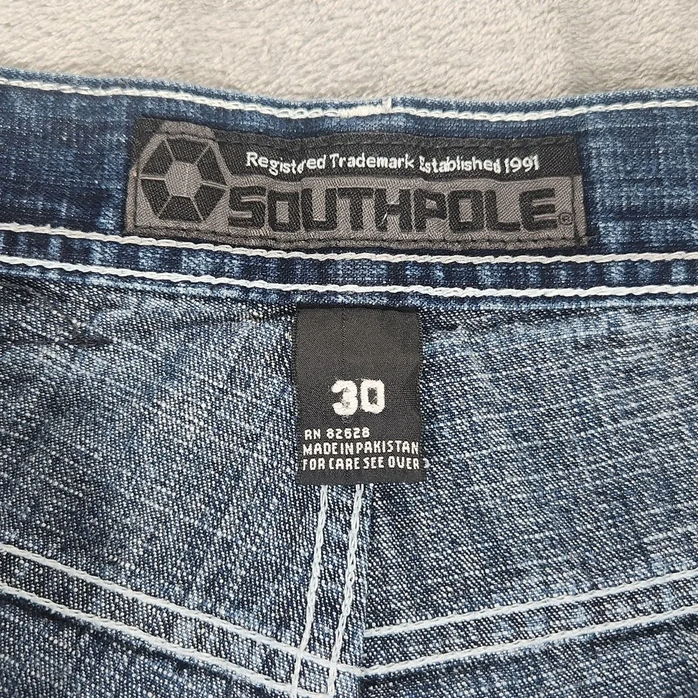 Southpole Shorts Mens 28 Red Tab Y2K Blue Denim Faded Bermuda Baggy